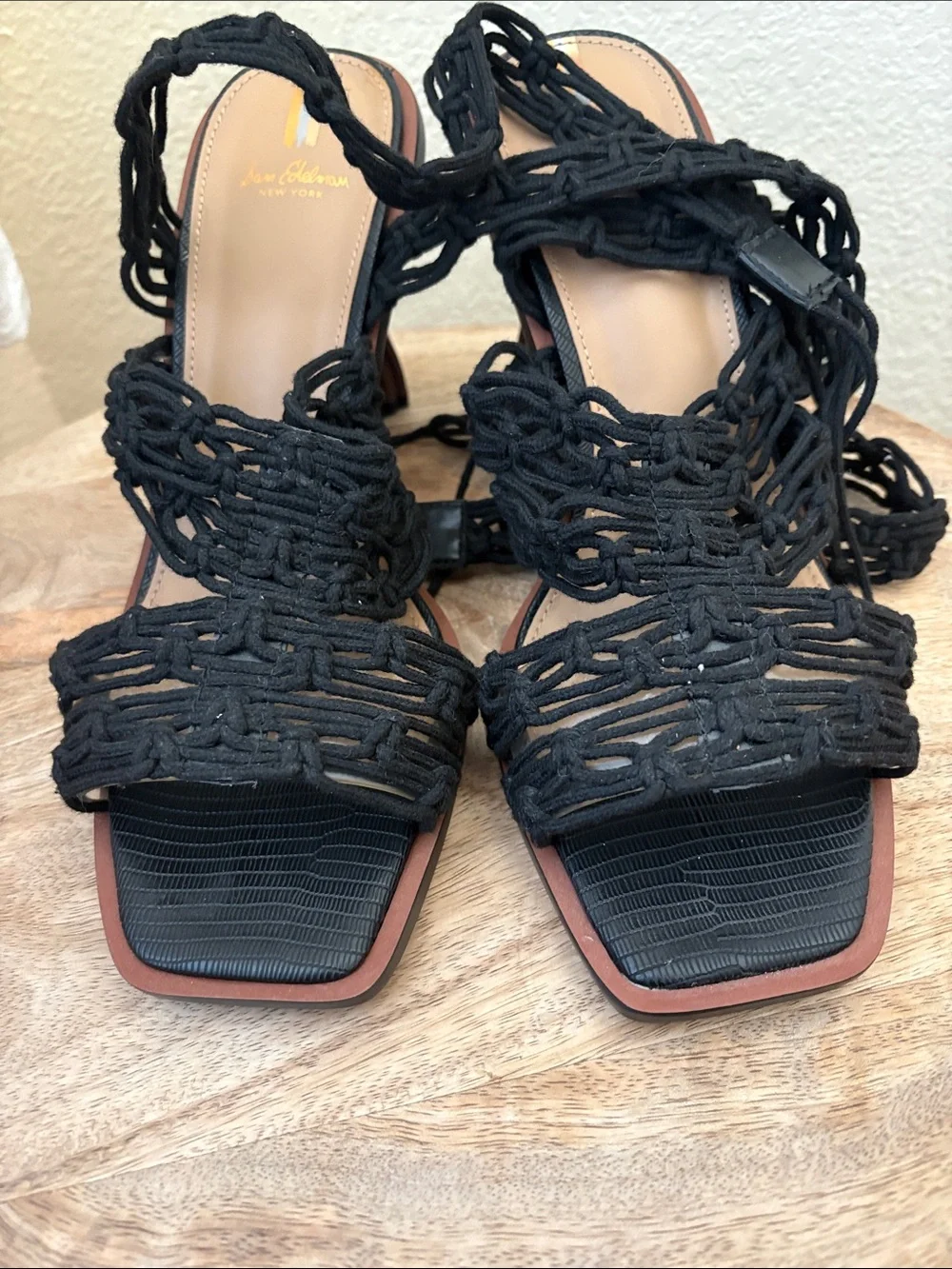 Sam Edelman Black Braided Ankle-Tie Block Heels